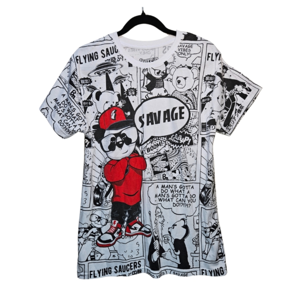 Fresh Laundry Men's SIZE M Savage Panda Bear Comic Soft Shirt in White
